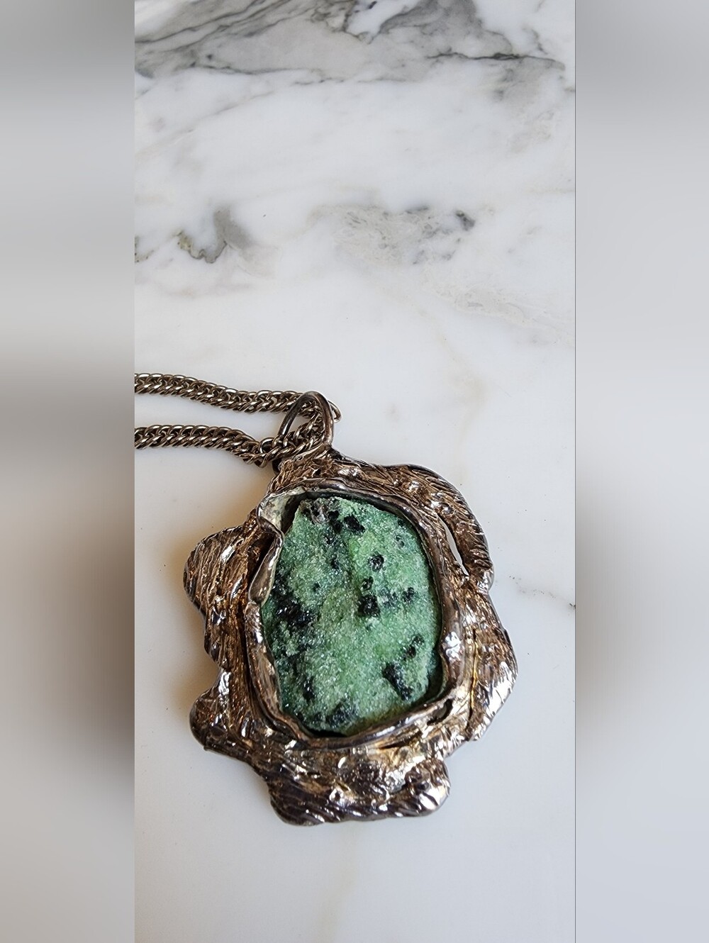 Vintage Dansk Smykkekunst D.S. Denmark Brutalist Green Stone Necklace - Picture 12 of 14
